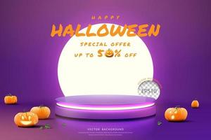 conceito de pódio de halloween, pódio de cilindro com neon branco no fundo da lua. para exibição de produtos, ilustração vetorial vetor
