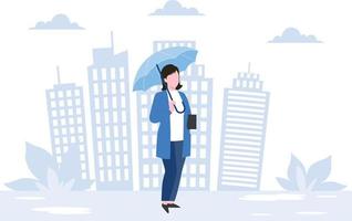 uma garota está de pé com um guarda-chuva na chuva. vetor