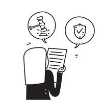 pessoa de doodle desenhada de mão lendo ilustração de documento legal vetor