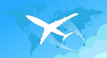 avião de passageiros branco voa no contexto do mapa do mundo, fundo azul. conceito de viagens aéreas. copie o espaço. vetor