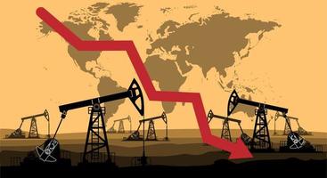 preço do petróleo cai, recessão, banner com uma seta e plataformas de petróleo no fundo do mapa do mundo. ilustração vetorial vetor