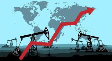 crescimento gráfico e plataforma de petróleo. as cotações do petróleo estão crescendo. produção de óleo. seta vermelha o aumento dos preços dos produtos petrolíferos no mercado. tendência ascendente. ilustração vetorial vetor