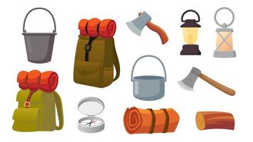conjunto de coleção de ferramentas de acampamento mochila machado bússola saco de dormir lâmpada de mão panela