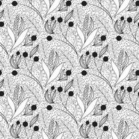 padrão floral sem costura em estilo de linha preto e branco com motivo de telha damasco. doodle flores impressão têxtil. gráfico de natureza vintage. ramos de bagas e flor de lavanda vetor