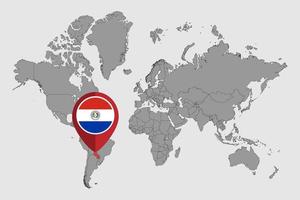 pin mapa com bandeira do paraguai no mapa do mundo. ilustração vetorial. vetor
