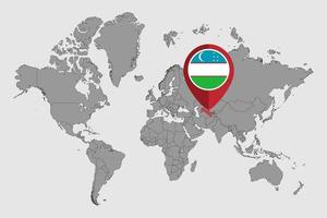 pin mapa com bandeira do Uzbequistão no mapa do mundo. ilustração vetorial. vetor