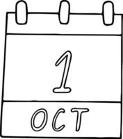 calendário desenhado à mão em estilo doodle. 1º de outubro dia internacional do idoso, música, vegetariano mundial, data. ícone, elemento de adesivo para design. planejamento, férias de negócios vetor