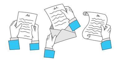 conjunto de mãos segurando a ilustração de personagem desenhada à mão de papel vetor