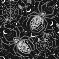 padrão de halloween sem costura monocromático com aranha robô metálico, teia de aranha, silhueta de gato, morcego, crescente, estrelas. conceito de fantasia criativa vetor