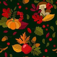 padrão de outono sem costura com elementos naturais coloridos em fundo escuro. maçã, folhas, abóbora, cogumelos, rowan, bolotas. vetor