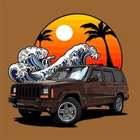 suv com ondas e pôr do sol vetor