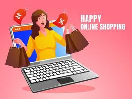 uma mulher de compras feliz com um laptop vetor