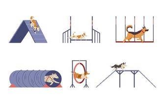 cães diferentes no conjunto de vetores planos de campo de agilidade. cães passando diferentes obstáculos de treinamento. isolado.