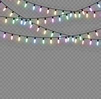 luzes de Natal. linha de vetor com lâmpadas incandescentes. conjunto de guirlanda de natal dourada brilhante levou ilustração de lâmpada de néon. luzes de natal isoladas para cartões, banners, cartazes