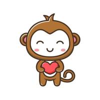 macaquinho fofo com ilustração de desenhos animados de coração isolado adequado para adesivo, artesanato, scrapbooking, pôster, embalagem, capa de livro infantil vetor