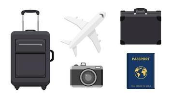 conjunto de coleção de bagagem objeto de viagem avião câmera passaporte mala vetor