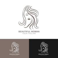 estilo de ícone de ilustração de mulher de cabelo comprido, logotipo de rosto de mulher em fundo branco, vetor