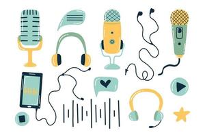 conjunto de podcasts. ilustração vetorial. estilo doodle. coleção para transmissão. microfones e fones de ouvido. vetor