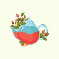 chá de rosa mosqueta. ilustração em vetor de um bule com chá de ervas feito de ervas e bagas de rosa mosqueta. bebida de ervas para design de menu ou pacote.