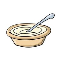 prato fundo de cerâmica leve com mingau, creme de leite espesso, com uma colher, ilustração vetorial em estilo cartoon em um fundo branco vetor