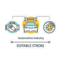 ícone do conceito de indústria automotiva. desenvolvimento e montagem de veículos automotores. manutenção do carro. ilustração de linha fina de idéia de oficina de reparação automóvel. desenho de contorno isolado de vetor. traço editável vetor