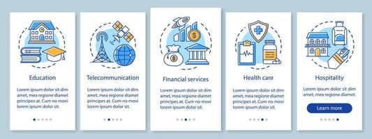 indústrias integrando a tela da página do aplicativo móvel com conceitos lineares. governo e serviços públicos. cinco passos passo a passo instruções gráficas. ux, ui, modelo de vetor gui com ilustrações