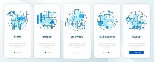 tela de aplicativo móvel de integração azul de materiais de construção alternativos. passo a passo 5 passos páginas de instruções gráficas com conceitos lineares. ui, ux, modelo de gui. vetor