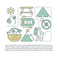 acampamento de verão, modelo de vetor de página de artigo de férias. brochura, revista, elemento de design de livreto com ícones lineares e caixas de texto. design de impressão. ilustrações de conceito com espaço de texto