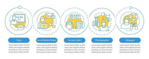 modelo de infográfico de vetor de empregos de meio período. tutor, fotógrafo. elementos de design de apresentação de negócios. visualização de dados com cinco etapas. gráfico de linha do tempo do processo. layout de fluxo de trabalho com ícones lineares