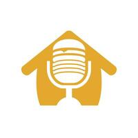 design de logotipo de vetor de podcast de comida. hambúrguer e microfone com design de ícone de forma em casa.