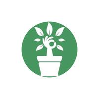 design de logotipo de vetor de jardim ecológico. árvore de mão com design de ícone de vaso de flores.