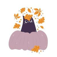 cartão de gatos e abóboras com personagens de desenhos animados doodle com folhas e flores. composição vetorial isolada para outono outono, colheita agrícola, projetos de ação de graças ou halloween vetor