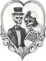 casal de arte apaixonado por crânios de casamento. desenho à mão e fazer vetor gráfico.