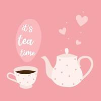 ilustração de café da manhã rosa fofo com xícara de chá e bule. xícara de bebida quente com amor, aconchegante. vetor