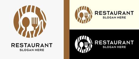 modelo de design de logotipo de restaurante, colher e garfo em círculo com motivo de madeira. ilustração vetorial vetor