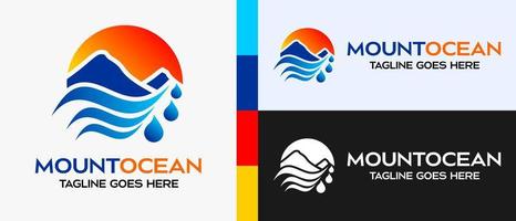 modelo de logotipo de design de montanhas e mar. ícone de montanhas e mar ou lago em um círculo. ilustração em vetor logotipo ao ar livre.