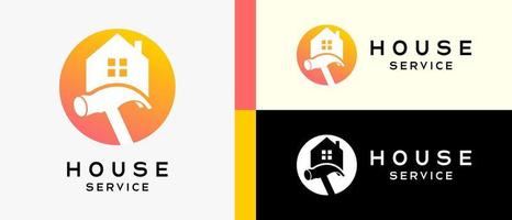 modelo de logotipo de serviço de renovação de melhoria da casa. ícone de martelo e casa em pontos. ilustração de logotipo de vetor premium