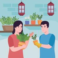 casal de jardineiros com plantas de casa vetor