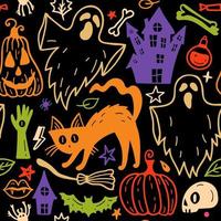 padrão sem emenda brilhante de elementos de doodle desenhados à mão de horror halloween. vetor