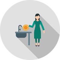 mulher lavando pratos ícone de sombra longa plana vetor