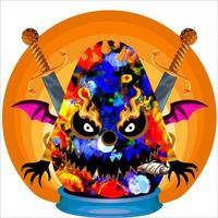 cabeça de abóbora de halloween festa assustadora. cara de abóbora com arma nas costas. adequado para logotipo esportivo, camiseta e outros materiais impressos. vetor