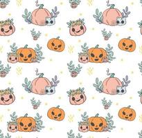 fundo sem costura padrão abóboras de halloween kawaii jack o lanterna doodle cartoon desenhado à mão vetor