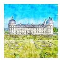 chateau de valencay frança aquarela esboço ilustração desenhada à mão vetor