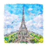 torre eiffel paris frança esboço em aquarela ilustração desenhada à mão vetor