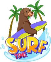 personagem de desenho animado de leão marinho com palavra de tempo de surf vetor