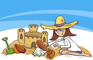 menina dos desenhos animados e castelo de areia na praia nas férias de verão vetor