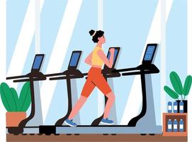 jovem correndo na esteira. correr no ginásio, clube desportivo. garota malhando. exercícios cardio, treinamento. ilustração em vetor plana dos desenhos animados.