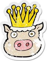 adesivo retrô angustiado de um porco coroado de desenho animado vetor
