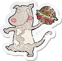 adesivo retrô angustiado de um cão faminto de desenho animado com hambúrguer vetor