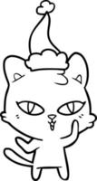 desenho de linha de um gato usando chapéu de papai noel vetor